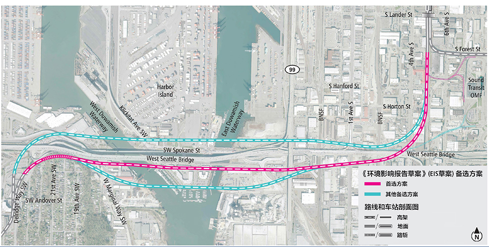 Seattle西南部的Delridge、Avalon和Alaska Junction车站地图，其中粉红色线代表首选方案、棕色线代表由第三方出资的首选方案，而蓝色线代表其他《环境影响报告草案》(EIS草案) 备选方案。线条表示高架、地面和隧道的替代方案。更多详细信息请参阅以下文字说明。点击放大 